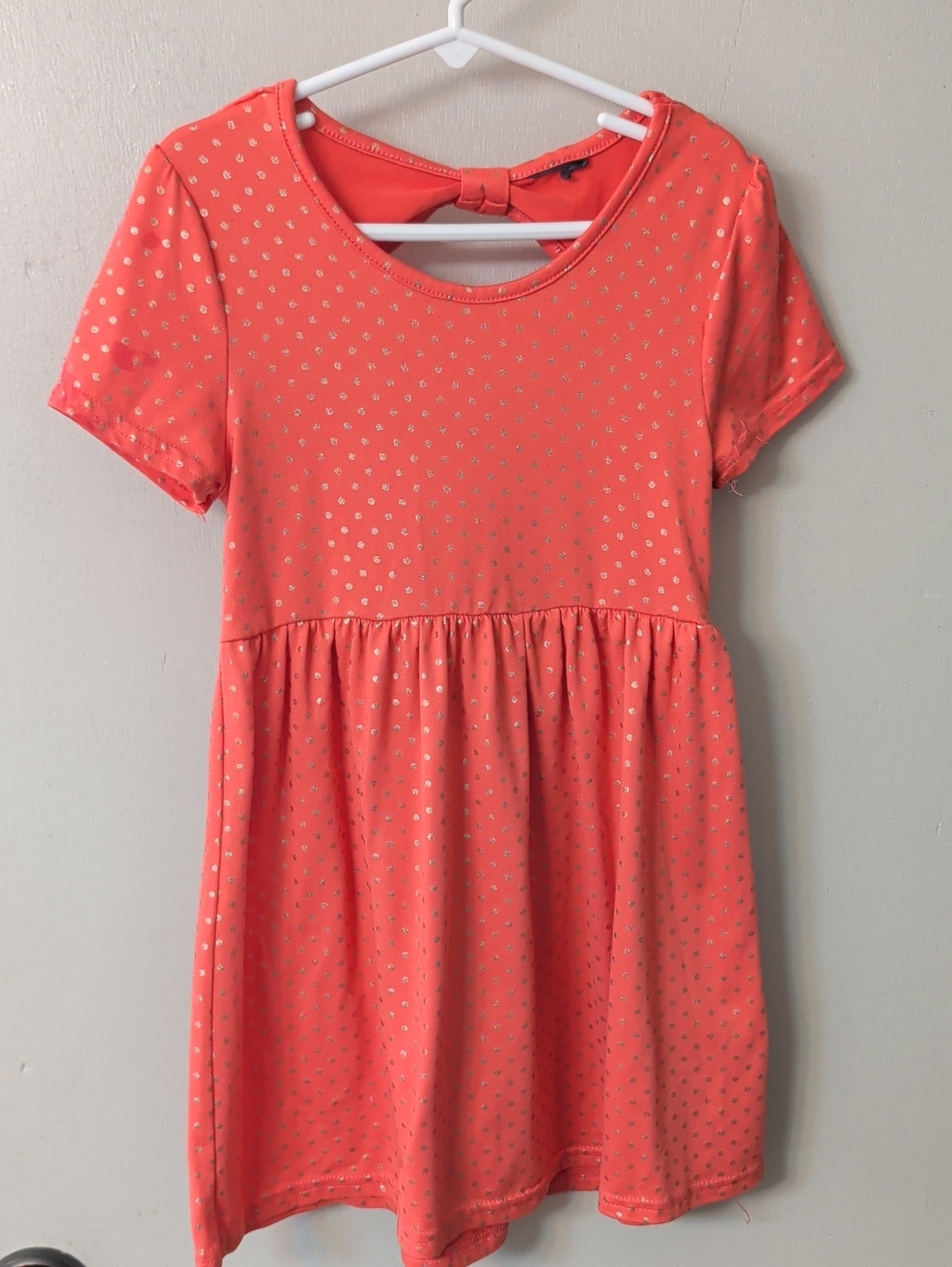Girls' Coral Short Sleeve Dress with Metallic Dot Accent